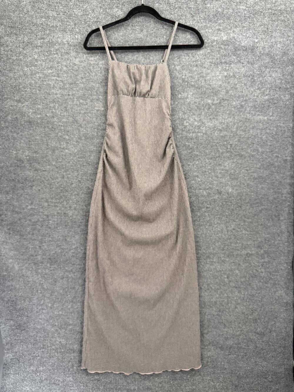 Wild Fable Maxi Slip Dress Size XS Tan Black Gingham Open Back Textured Stretch